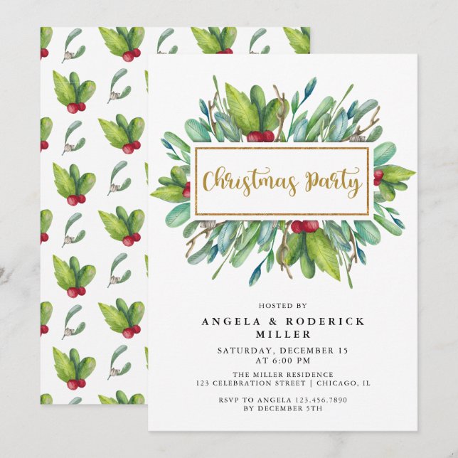 Invitación Fiesta de Navidades de Foliage rojo y verde (Anverso / Reverso)