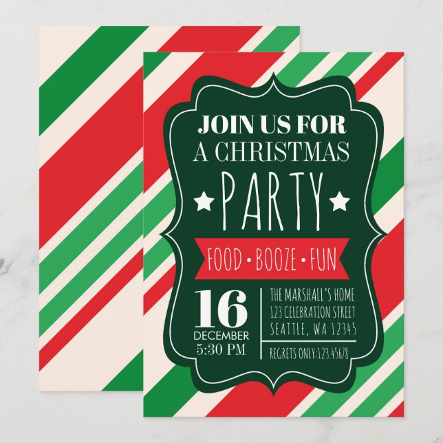 Invitación Fiesta de Navidades de franjas rojas y verdes (Anverso / Reverso)