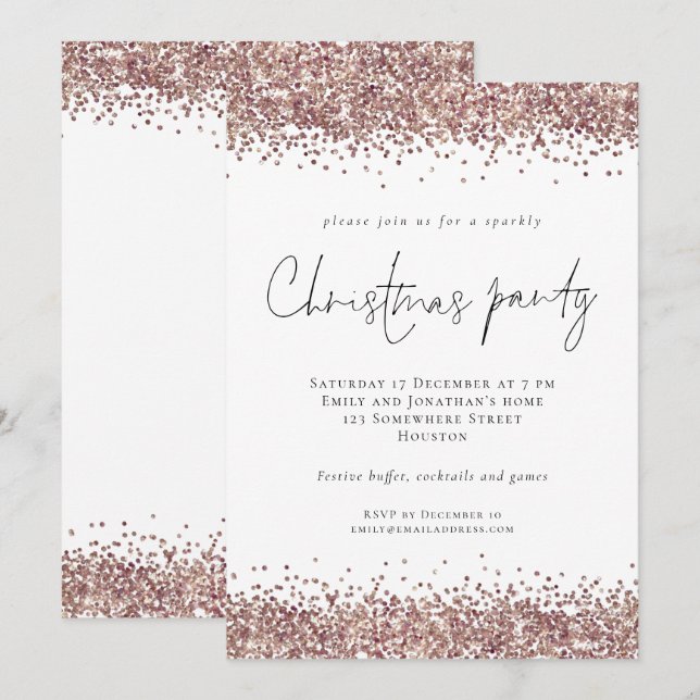 Invitación Fiesta de Navidades de Glam Rosa Gold Purpurina (Anverso / Reverso)