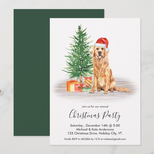Invitación Fiesta de Navidades de Golden Retriever Cute Dog L (Anverso / Reverso)
