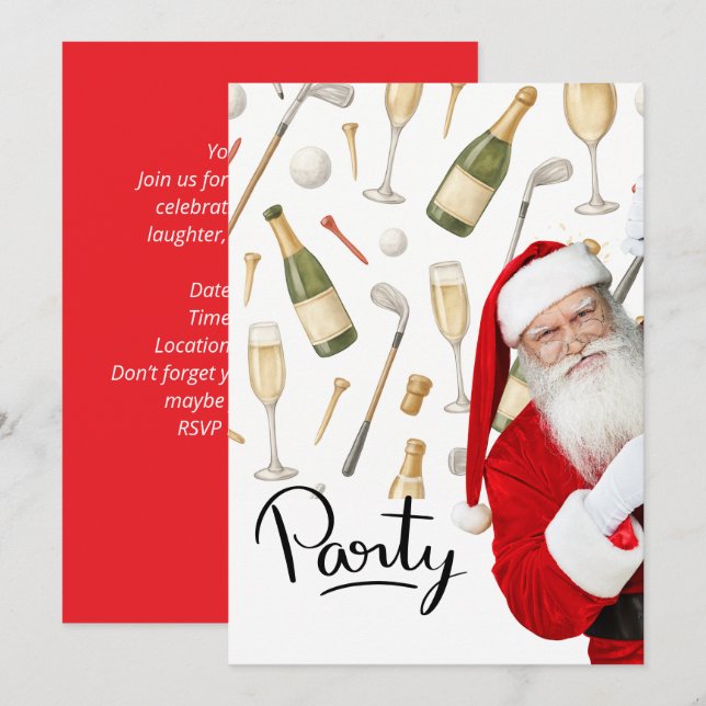 Invitación Fiesta de Navidades de golf con tema de Santa Clau (Anverso / Reverso)