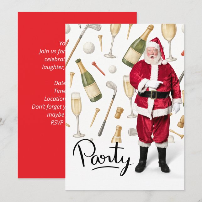 Invitación Fiesta de Navidades de golf con tema de Santa Clau (Anverso / Reverso)