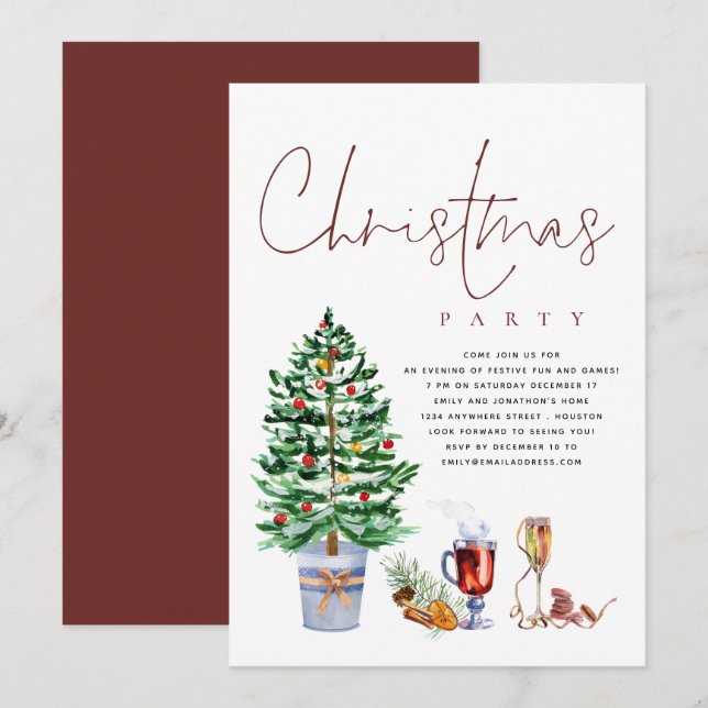 Invitación Fiesta de Navidades de guiones de bebidas de árbol (Anverso / Reverso)