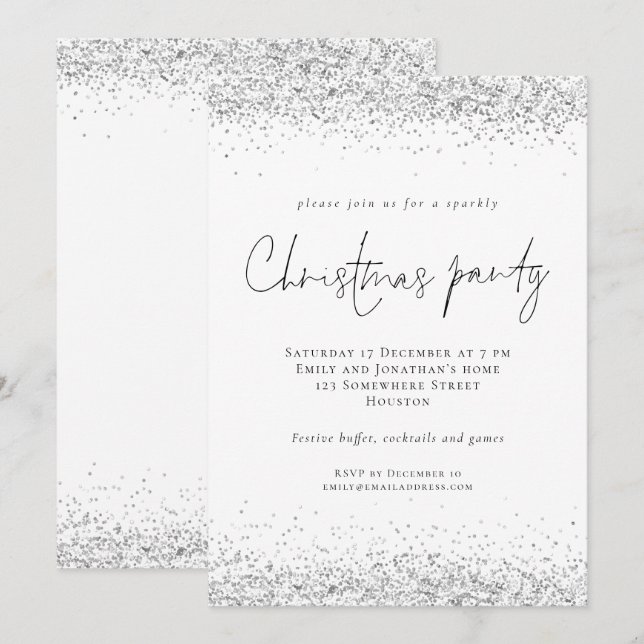 Invitación Fiesta de Navidades de guiones Purpurina Glam Silv (Anverso / Reverso)
