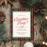 Invitación Fiesta de Navidades de guiones retro de plástico c<br><div class="desc">La invitación de fiesta de Navidades retro de plaid clásico presenta un marco de trenzado rojo y verde tradicional,  con guión retro y tipo clásico.</div>