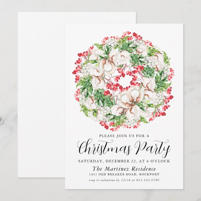 Invitación Fiesta de Navidades de guirnaldas de frambuesa roj (Anverso / Reverso)