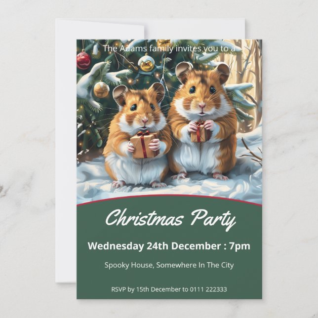 Invitación Fiesta de Navidades de Hamsters con regalos (Anverso)