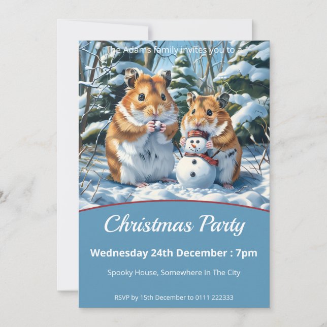 Invitación Fiesta de Navidades de Hamsters y Snowman (Anverso)