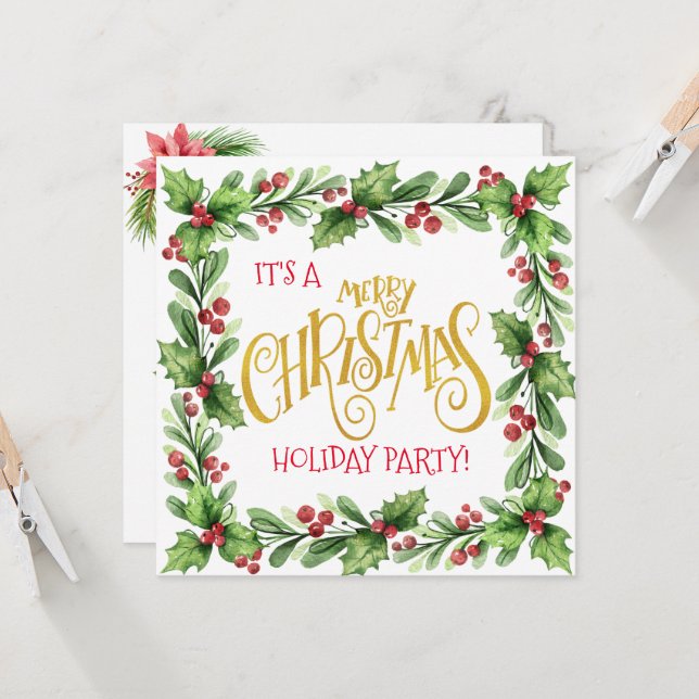 Invitación Fiesta de Navidades de Holiday Holly y Berries (Anverso/Reverso In Situ)