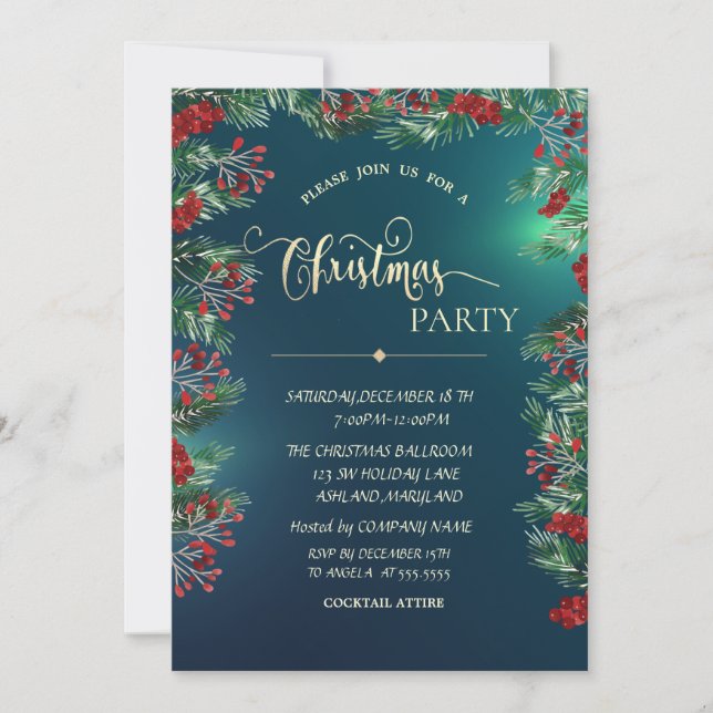 Invitación Fiesta de Navidades de Holly Berries Gold Green Co (Anverso)