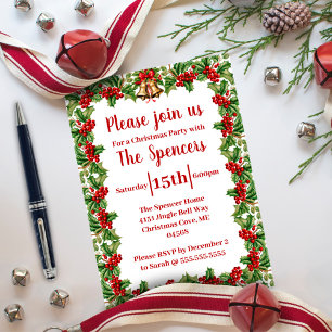Invitación Fiesta de Navidades de Holly Leaves y Berries