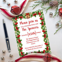 Invitación Fiesta de Navidades de Holly Leaves y Berries
