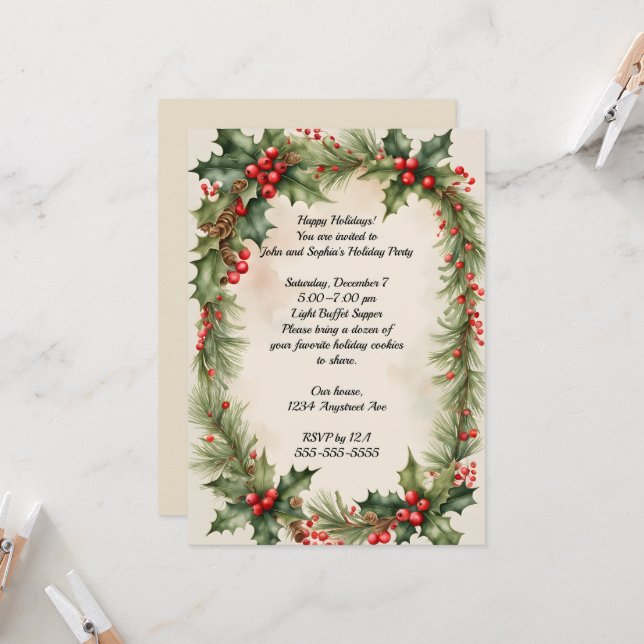 Invitación Fiesta de Navidades de Holly Wreath y Berries (Anverso/Reverso In Situ)