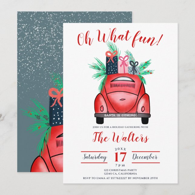 Invitación Fiesta de Navidades de ilustracion de coches de co (Anverso / Reverso)