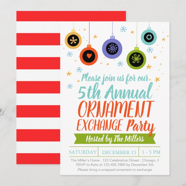 Invitación Fiesta de Navidades de Intercambio de Ornamentos d (Anverso / Reverso)