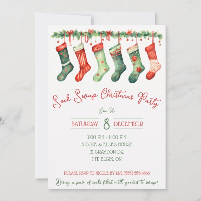 Invitación Fiesta de Navidades de intercambio de sock, fiesta (Anverso)