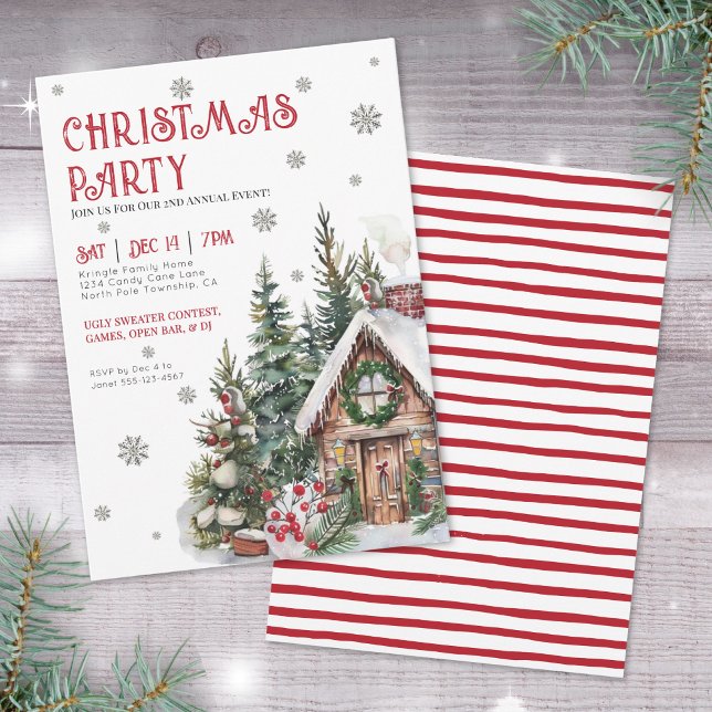 Invitación Fiesta de Navidades de invierno de acuarela festiv (Festive Watercolor Winter Christmas Party Invitation)