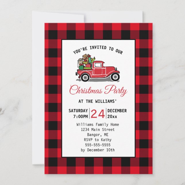 Invitación Fiesta de Navidades de juguetes de camionetas roja (Anverso)