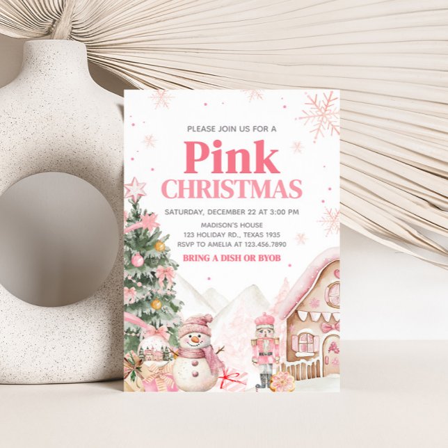 Invitación Fiesta de Navidades de la Casa Rosa Gingerbread (Pink Gingerbread House Holiday Christmas Party Invitation)