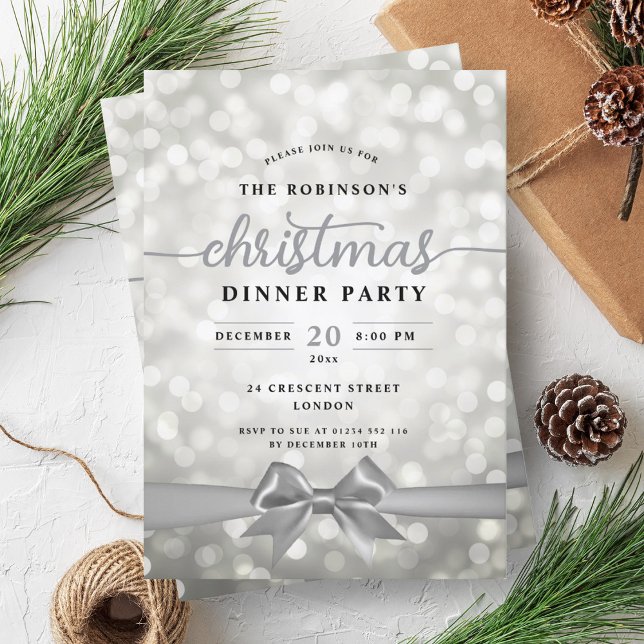 Invitación Fiesta de Navidades de la cinta plateada festiva (Festive Ribbon Silver Lights Christmas Party Invitation)