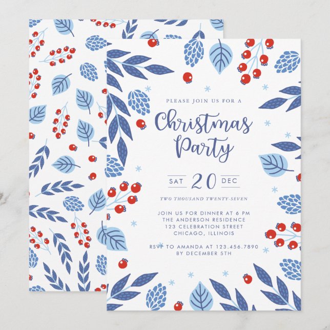 Invitación Fiesta de Navidades de la Foliage azul y rojo (Anverso / Reverso)