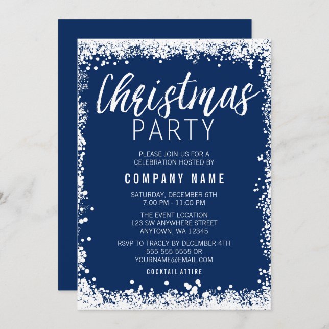 Invitación Fiesta de Navidades de la frontera de nieve azul y (Anverso / Reverso)