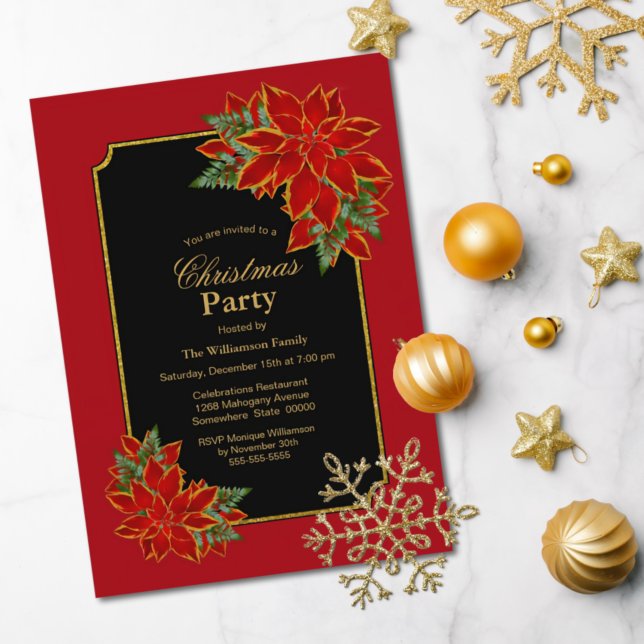 Invitación Fiesta de Navidades de la Poinsettia Roja y Negra (Subido por el creador)