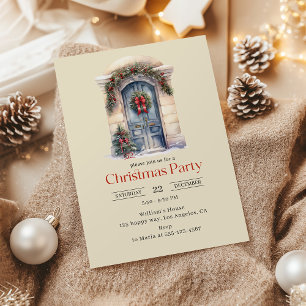 Invitación Fiesta de Navidades de la puerta azul de color de 