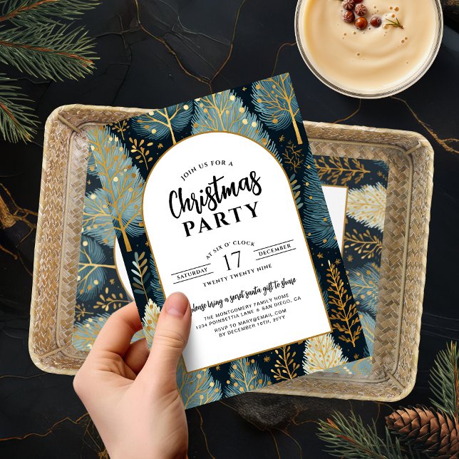 Invitación Fiesta de Navidades de la temporada de ferias navi (Modern Gold Arch Holiday Forest Christmas Party Invitation)