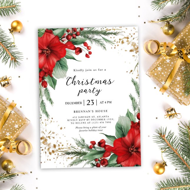 Invitación Fiesta de Navidades de la vegetación de vacaciones (Red Holiday Greenery Christmas Party Invitation)