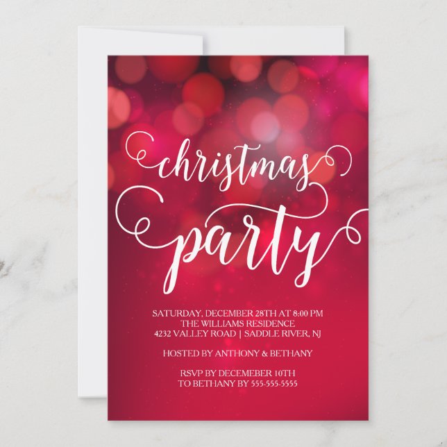 Invitación Fiesta de Navidades de las luces rojas manchadas d (Anverso)