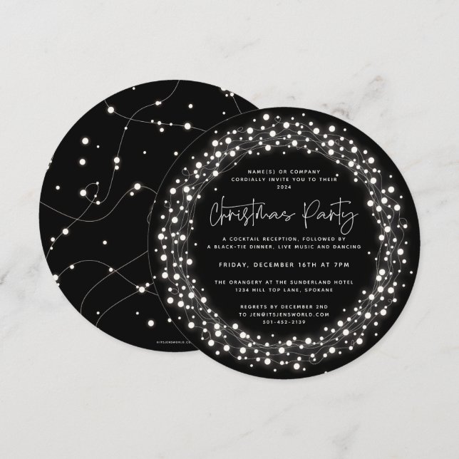 Invitación Fiesta de Navidades de luces esparkling en negro r (Anverso / Reverso)
