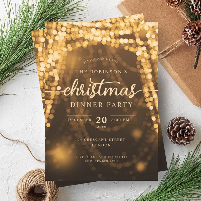 Invitación Fiesta de Navidades de Lujosas Luces de Invierno G (Luxurious Gold Winter Lights Christmas Party Invitation)