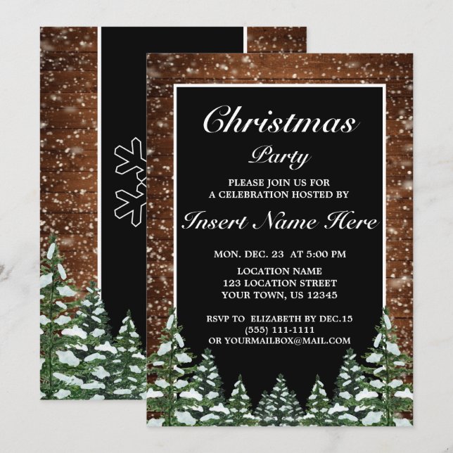 Invitación Fiesta de Navidades de madera de nieve negra y pin (Anverso / Reverso)