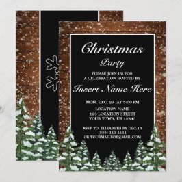 Invitación Fiesta de Navidades de madera de nieve negra y pin