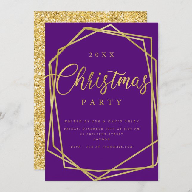 Invitación FIESTA de Navidades de marco morado dorado con gui (Anverso / Reverso)