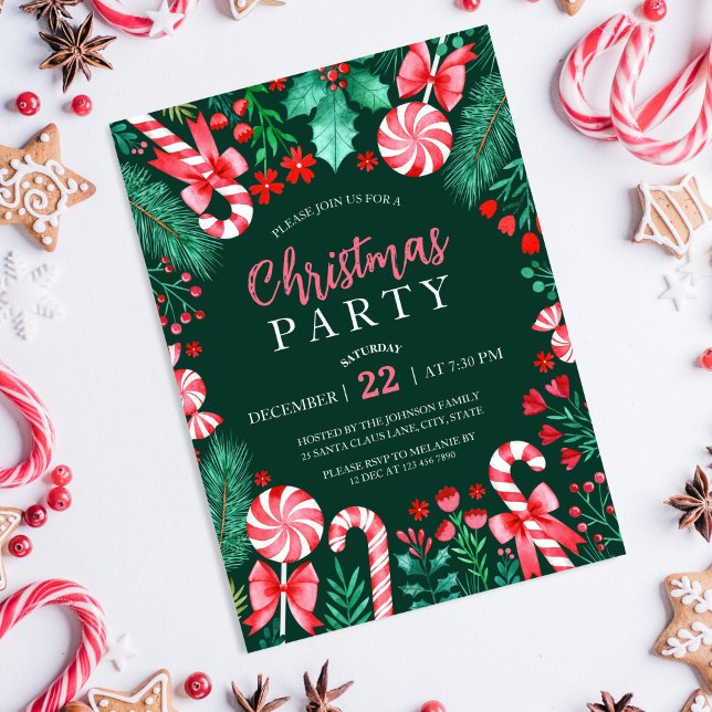 Invitación Fiesta de Navidades de menta de candy canes de col (Watercolor Peppermint Candy Canes Christmas Party Invitation)