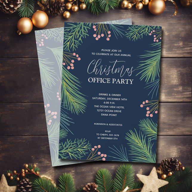 Invitación Fiesta de Navidades de moda Pines y Berries (Chic pine branches and berries Christmas party invitations)