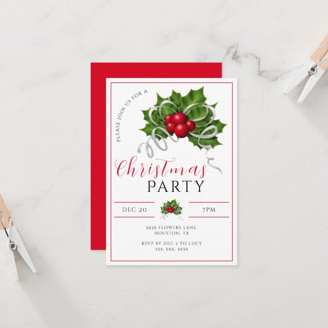 Invitación Fiesta de Navidades de Modern Holly, Berries y Rib (Anverso/Reverso In Situ)
