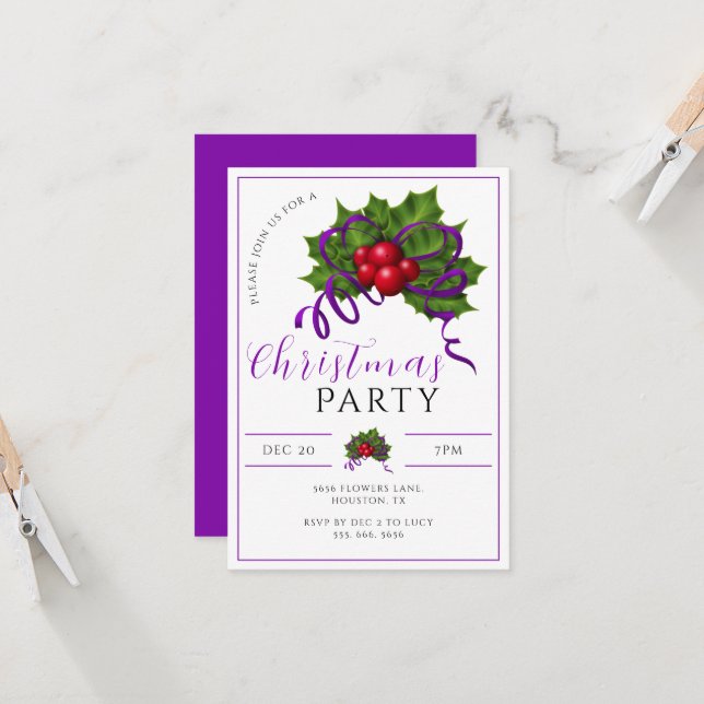 Invitación Fiesta de Navidades de Modern Holly, Berries y Rib (Anverso/Reverso In Situ)