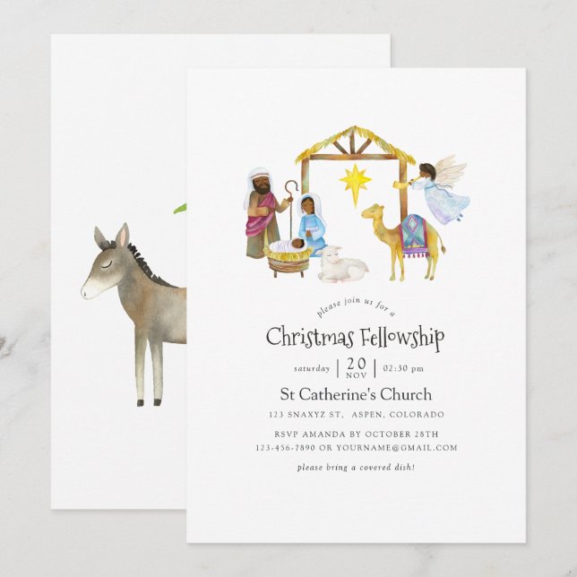 Invitación Fiesta de Navidades de Natividad de Acuarela (Anverso / Reverso)