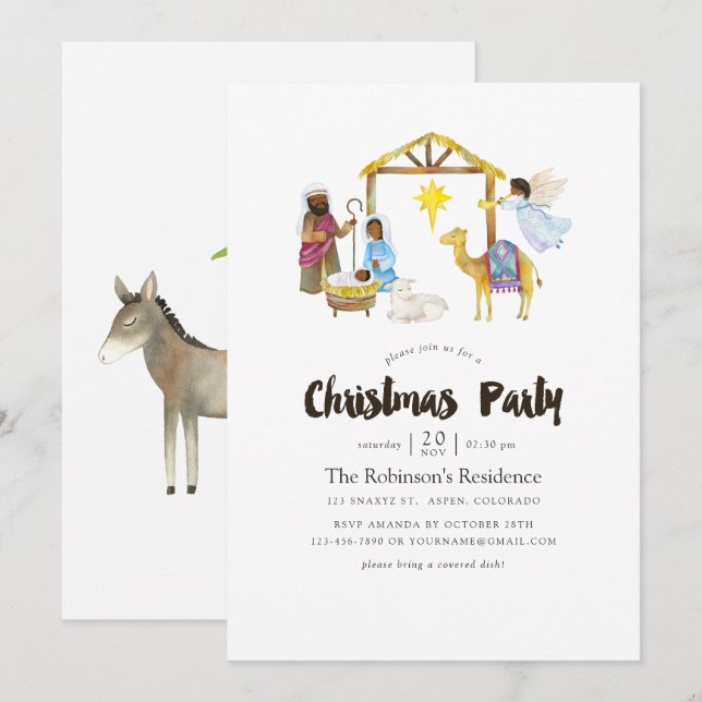 Invitación Fiesta de Navidades de Natividad de Acuarela (Anverso / Reverso)