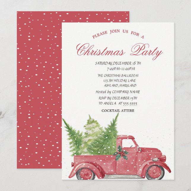 Invitación Fiesta de Navidades de Nieve de Camión Rojo (Anverso / Reverso)