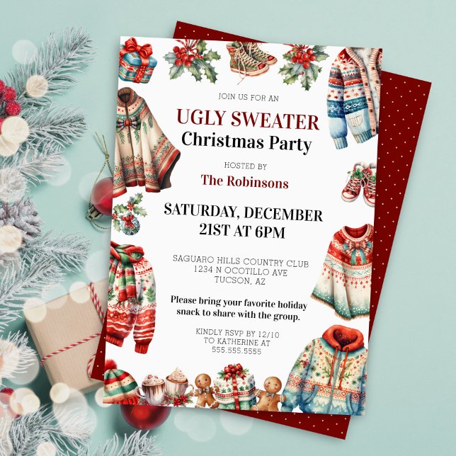 Invitación Fiesta de Navidades de oficina de suéter feo moder (fun ugly sweater christmas party invitations for corporate office holiday party invites)