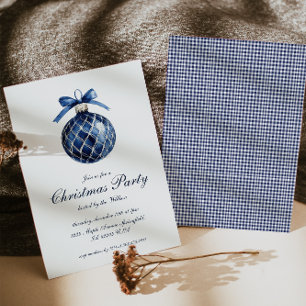 Invitación Fiesta de Navidades de ornamentos azules tradicion