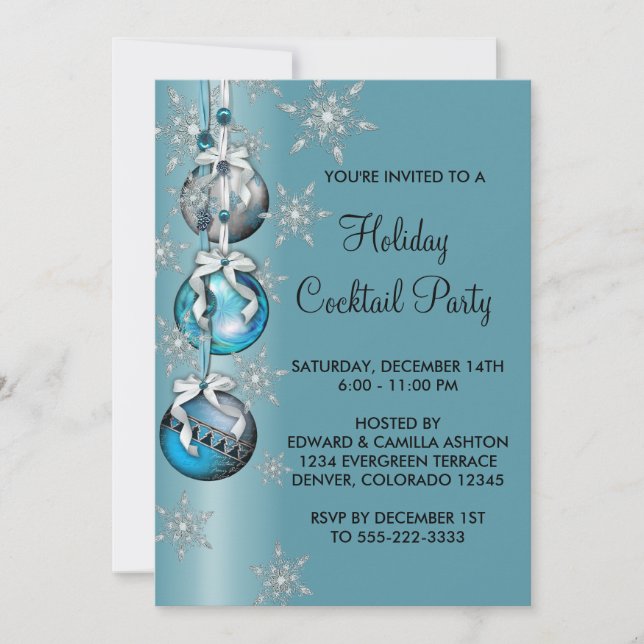 Invitación Fiesta de Navidades de ornamentos con copos de nie (Anverso)