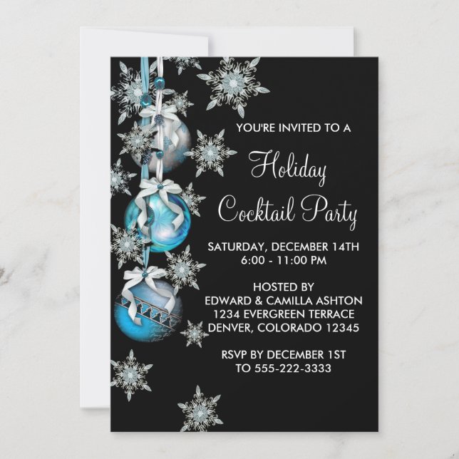 Invitación Fiesta de Navidades de ornamentos con copos de nie (Anverso)
