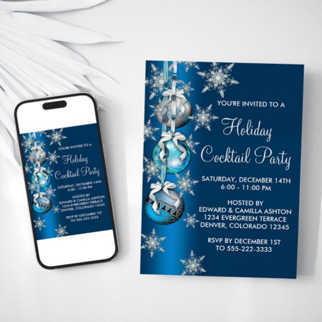 Invitación Fiesta de Navidades de ornamentos con copos de nie (Blue Christmas ornaments party invitation. All occasion. Available for instant download and print.)