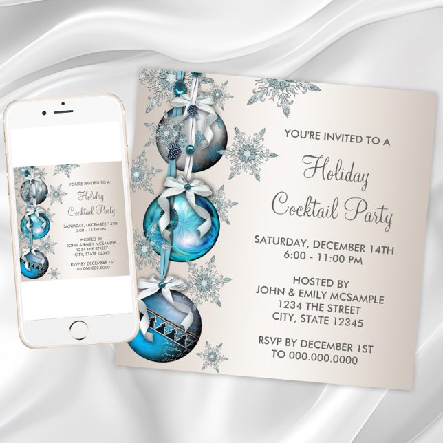 Invitación Fiesta de Navidades de ornamentos con copos de nie (Teal Blue Snowflakes Ornaments Christmas Party Invitation. Any occasion. Download and printed.)