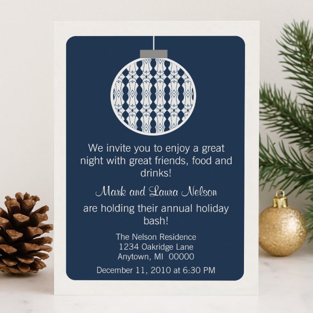 Invitación Fiesta de Navidades de ornamentos de Art Deco | Az (Blue Art Deco Ornament Christmas Party Invitation)